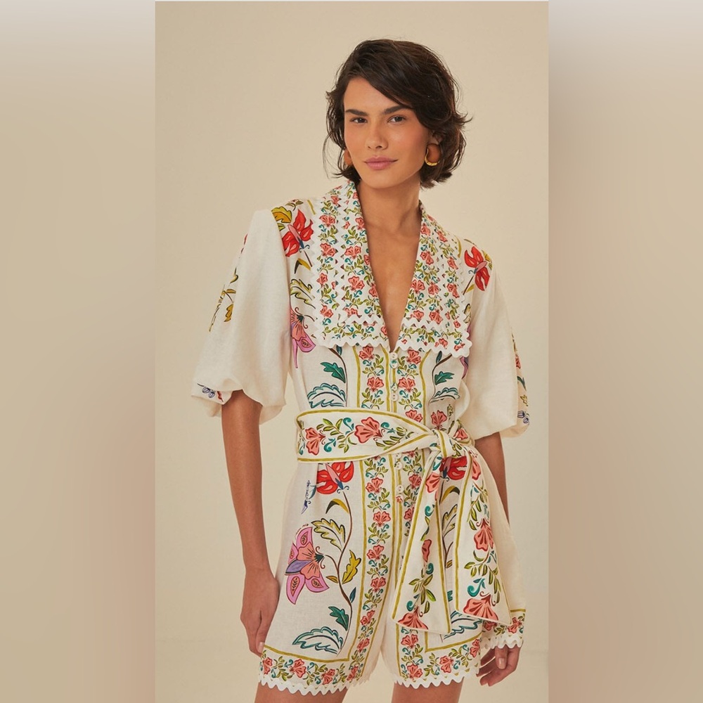 Farm Rio Off-White Floral Insects Romper NWT